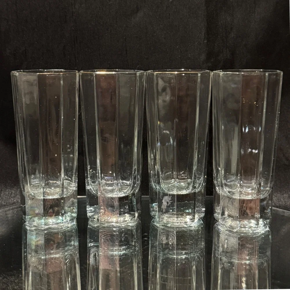 Vintage Octagonal Paneled Double Shot Glasses Set of 4 Gold Rim Heavy Base Bar